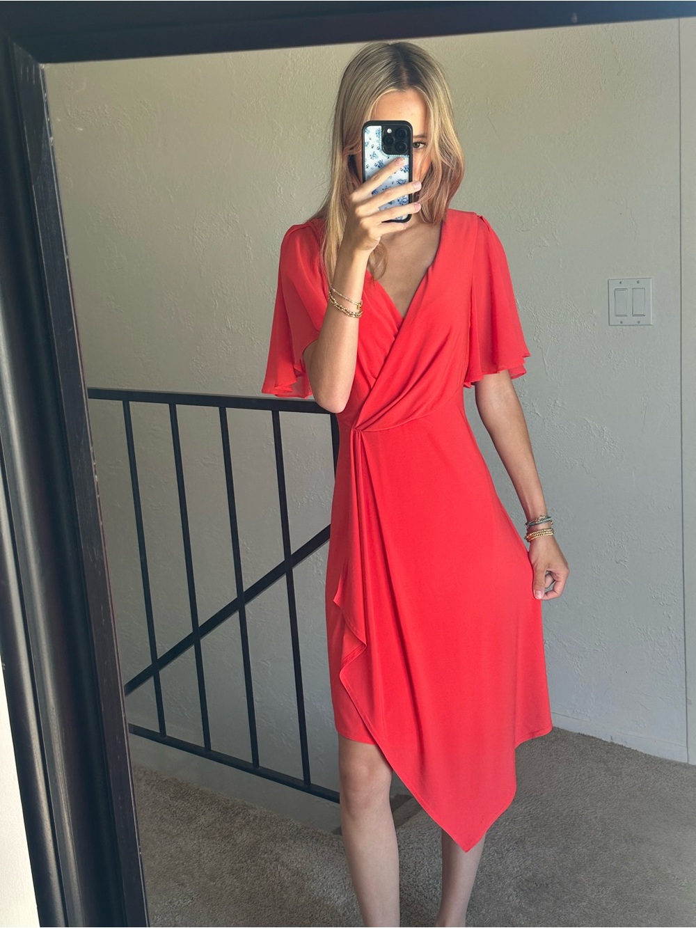 Joseph Ribkoff Coral-Red Asymmetrical Wrap Dress